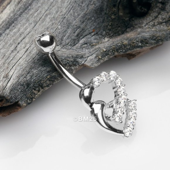 14 Karat White Gold Double Hearts Sparkle Loop Belly Button Ring